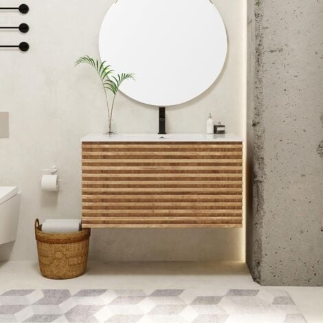 UEV Meuble Salle de Bain, avec Lavabo en Céramique, Lavabo Suspendu 90cm, 2 Tiroirs avec Système de Fermeture en Douceur, Grand Espace de Rangement, 90 x 45 x 46cm, Naturel