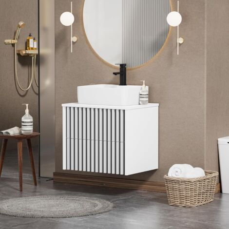 UEV Meuble Salle de Bain, Meuble Suspendu 61cm avec Vasque à Poser, Lavabo en Céramique, Deux Tiroirs avec Grand Espace de Rangement, Motif de Ligne, 61 x 46 x 52 cm, Blanc