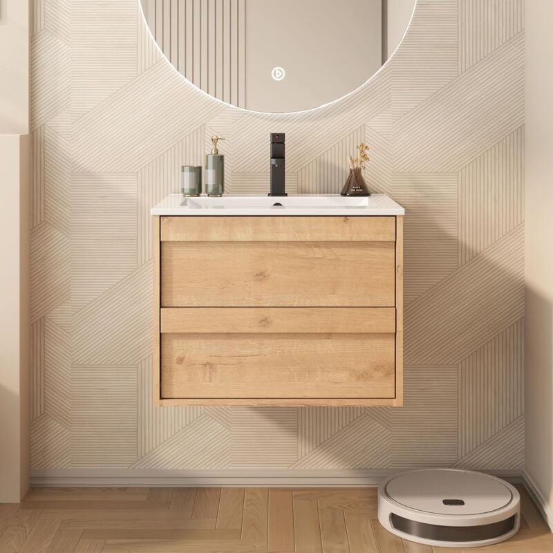 UEV - Meuble sous Lavabo Suspendu 60cm, Meuble Salle de Bain avec Lavabo en Céramique, Deux Tiroirs avec Grand Espace de Rangement, Tiroirs avec