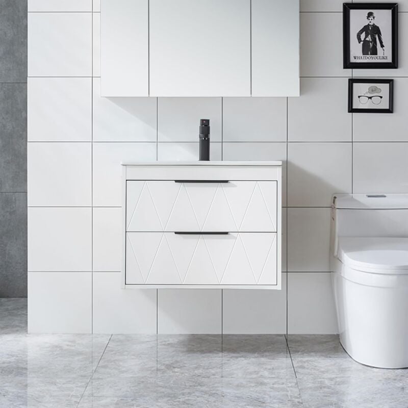 Uev Meuble sous Lavabo Suspendu 60cm, avec Lavabo en Céramique, Robinet, 2 Grands Tiroirs, Meuble Salle de Bain, Motif Ligne, Style Scandinave(Blanc,