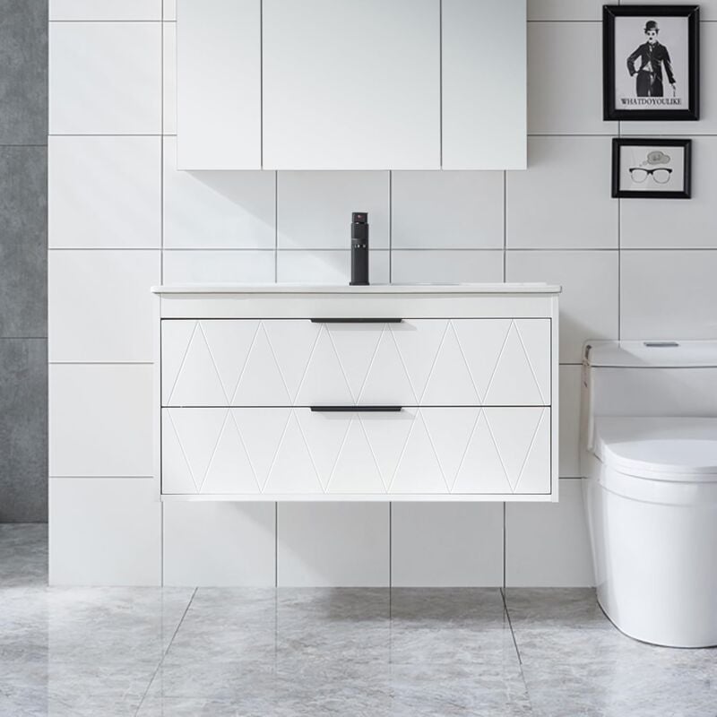 Uev Meuble sous Lavabo Suspendu 90cm, avec Lavabo en Céramique, Robinet, 2 Grands Tiroirs, Meuble Salle de Bain, Motif Ligne, Style Scandinave