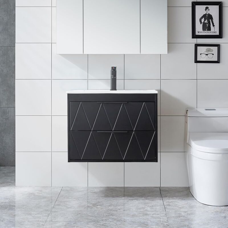 Uev Meuble sous Lavabo Suspendu 60cm, avec Lavabo en Céramique, Robinet, 2 Grands Tiroirs, Meuble Salle de Bain, Motif Ligne, Style Scandinave(Noir,