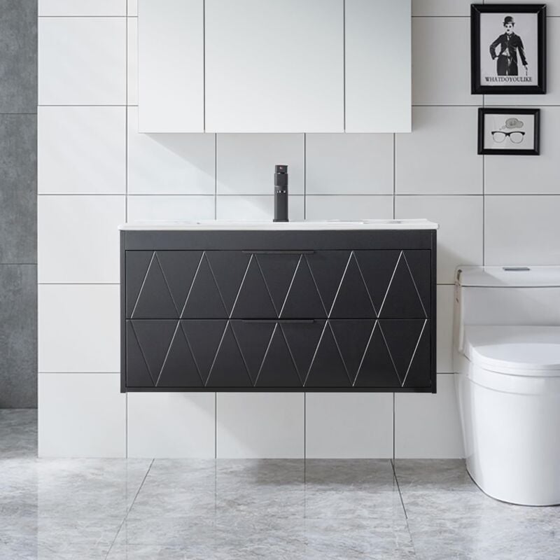 Uev Meuble sous Lavabo Suspendu 90cm, avec Lavabo en Céramique, Robinet, 2 Grands Tiroirs, Meuble Salle de Bain, Motif Ligne, Style Scandinave(Noir,
