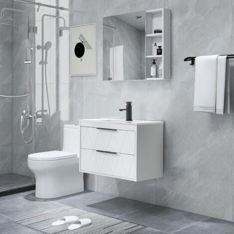 UEV Mobile Bagno Sospeso con Lavabo in Ceramica, 60CM Lavandino Bagno con 2 Cassetti, Lavandino Bagno con Mobiletto Moderno, Soft-Close, Bianco