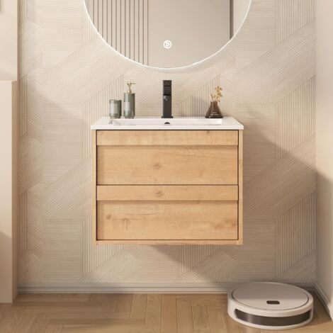 UEV Mobile Lavabo Sospeso da 60 cm, Mobile da Bagno con Lavabo in Ceramica, due Cassetti con Ampio Spazio per Riporre Oggetti, Cassetti con Sistema di Chiusura Ammortizzata, 60 x 45 x 46 cm, Naturale