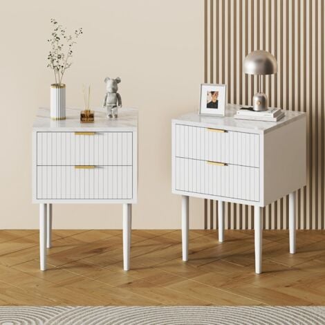 UEV Nachttisch 2er Set marmor, Nachtschrank mit Schubladen, Nachtkommode mit Metallfüße, Sofatisch mit Beine, Beistelltisch für Wohnzimmer Schlafzimmer, 42x40x70cm, Weiß