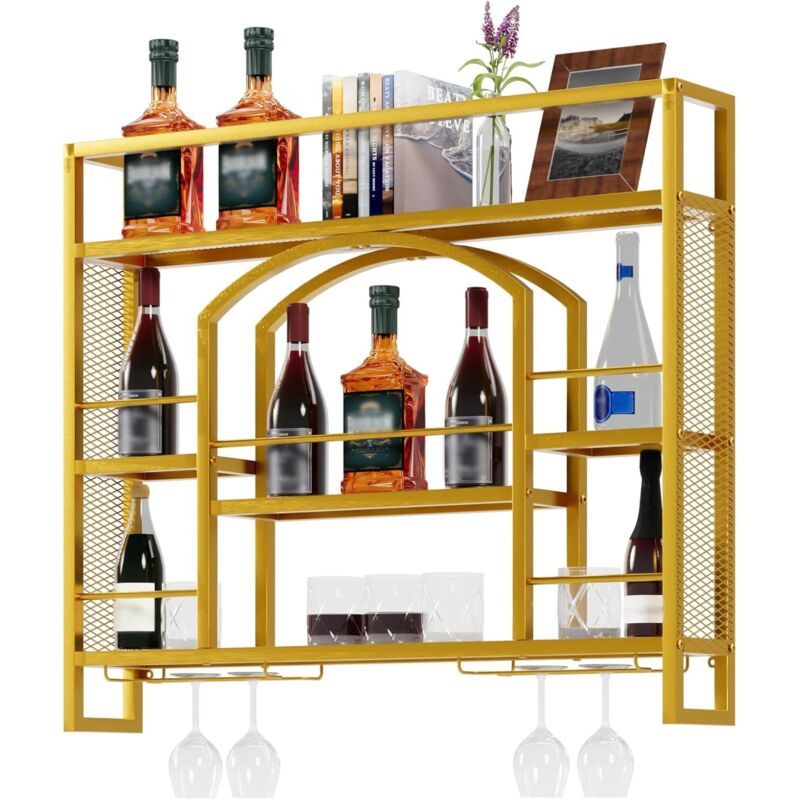 UEV Porte Bouteille Mural 100cm, Casier à Vin en Métal, Porte-Verre à Vin, avec Lumière LED de 15 Couleurs, Étagère de Rangement pour Vin, Style