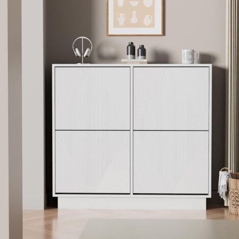 UEV 4 Ante in Deisgn Intaglio, Mobile Scarpiera Combia Bellezza e Funzionalità con Ripiani Rimovibile e Regolabile, Scarpiere Salvaspazio Slim Stabili, 99 x 24 x 91cm, Bianco