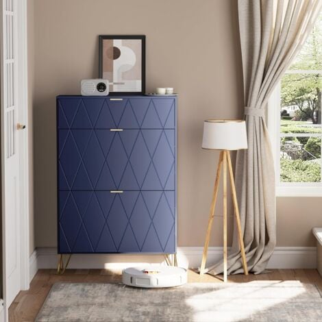 UEV Scarpiera Salvaspazio Slim in Legno, Scarpiera Ingresso Portascarpe con 3 Ante a Ribalta, Porta Scarpe per 16 Paia, 80 x 24 x 120 cm, Colore Blu