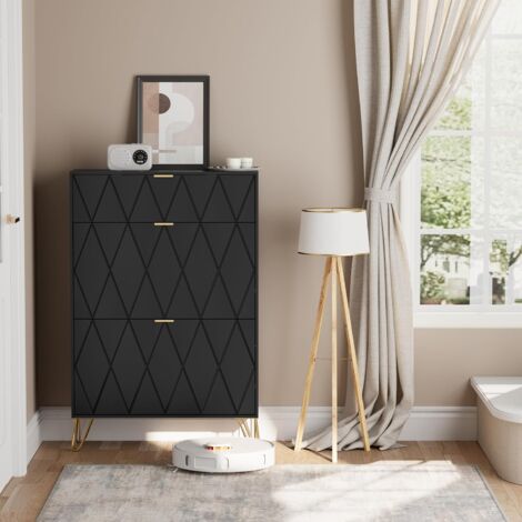 UEV Scarpiera Salvaspazio Slim in Legno, Scarpiera Ingresso Portascarpe con 3 Ante a Ribalta, Porta Scarpe per 16 Paia, 80 x 24 x 120 cm, Colore Nero