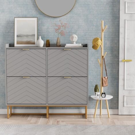 UEV Schuhschrank mit 4 Klappen,100x24,2x91cm,Schuhkipper Schmal,Schuhkommode Flur Wohnzimmer Eingangsbereich,Schuhaufbewahrung mit Kippschutz,Trennwände verstellbar für Verschiedene Schuhtypen,grau