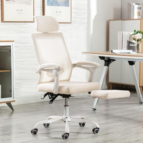 UEV Sedia da Ufficio Ergonomica con Poggiapiedi, Sedia da Scrivania con Poggiatesta Regolabile, Supporto Lombare, Regolabile in Altezza, Inclinabile, Fino a 136 kg, Tessuto Traspirante, Beige