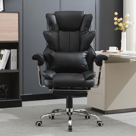 UEV Sedia da ufficio ergonomica in finta pelle, sedia da ufficio con schienale alto e poggiapiedi, poltrona con cuscino lombare, altezza regolabile, inclinazione da 90° a 135°, girevole a 360°, Nero