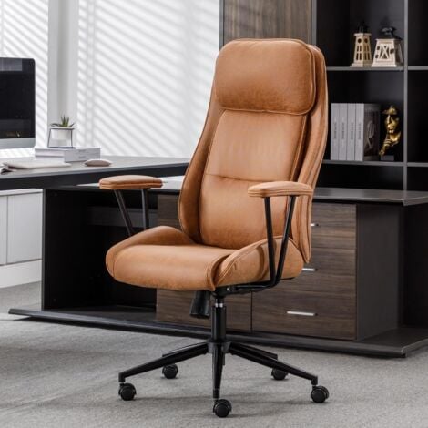 UEV Sedia da Ufficio Ergonomica, Sedia da Ufficio con Schienale Alto 76 cm, Braccioli Rimovibili, Schienale Regolabile a 145°, Cuscino Alto Elastico, Girevole, Portata 150 kg, Marrone