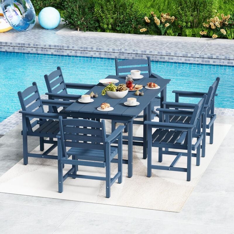 Set de Meuble de Jardin 8 Pièces, Set de Balcon en hdpe, Mobilier d'extérieur, pour Jardin, Terrasse, Patio, Cour, 6 Chaises et 2 Table, Bleu - UEV