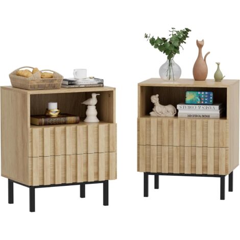 UEV Set di 2 Comidini Naturali con Design a Strisce di Legno, Comodino Camera da Letto con Scomparto e 2 Cassetti, Tavolini Soggiorno Stabili e Durevoli, 45 x 32,5 x 56 cm