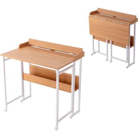 UEV Table de Bureau Pliante, Bureau D’Ordinateur Rabattable pour Petit Espace, Conception Multifonctionnelle, Etagère de Rangement, roulettes avec Frein, 82 x 56 x 80 cm, Bois