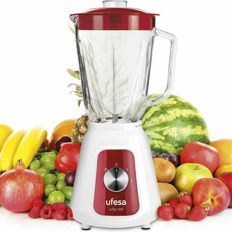 Ufesa BS4717 RUBY RED Frullatore da tavolo, 500 W di potenza, Caraffa in vetro da 1,5 L, Coperchio con chiusura ermetica, 2 velocità + Pulse, 4 lame in acciaio inox