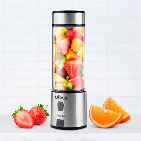 Ufesa Onyx Go, Bottiglia Frullatore Portatile, Tritatutto Multifunzione, Blender Smoothie, 400 ml, Ricarica USB, Tappo Sport, 24x7,5x7,5 cm