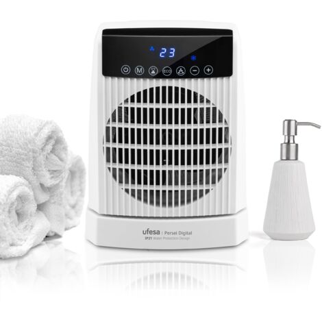 Ufesa Persei - Riscaldatore digitale da 2000 W, IP21, per bagno, 3 livelli di potenza termica/freddo, base oscillante, termostato regolabile, timer 24 ore, display LED, protezione da surriscaldamento