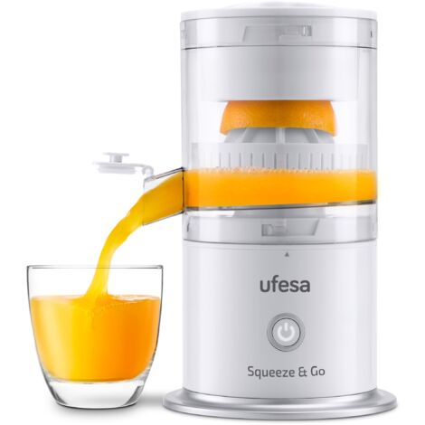 Ufesa Squeeze & Go White, Spremi Agrumi Elettronico, Estrattore Frutta e Verdura, USB Ricaricabile, Batteria Ricaricabile 1500mAh, Capacità 220 ml, BPA FREE
