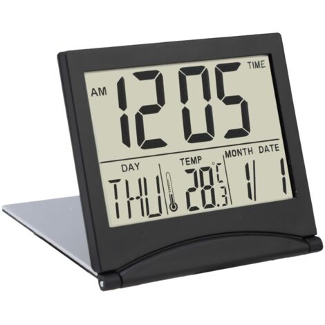 Uhr mit Datum und Wochentag LCD Reisewecker Faltbar – Digitaler Wecker – Tischuhr mit Temperatur- und Datumsanzeige – Schwarz