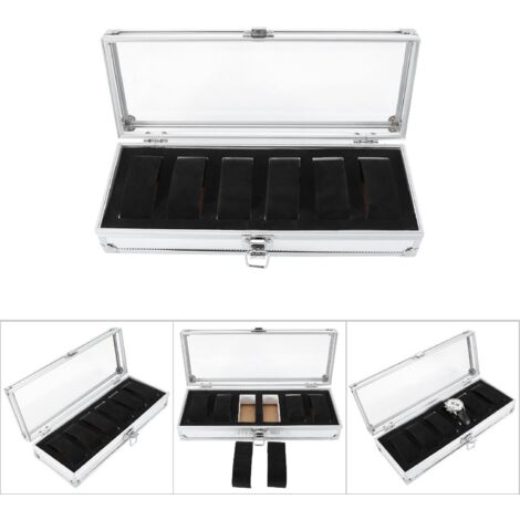 Uhrenaufbewahrungsbox aus Aluminium mit Acrylfenster – 6 Fächer mit Schutzpolsterung – Silber – 26 x 21 x 6 cm