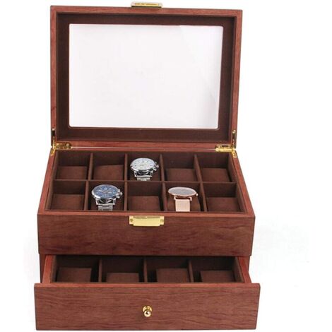 Uhrenbox 20 Fächer, Uhrenaufbewahrungsbox, Organizer, Uhrenschachtel, Schmuckschatulle aus rotem Holz, Abschließbare Uhrenbox