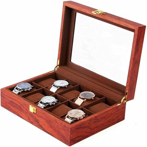 Uhrenschatulle aus Holz für 10 Uhren- Schmuckschatulle - Aufbewahrungsorganizer mit Glasdeckel - Aufbewahrungsbox - Geschenk für Mann und Frau