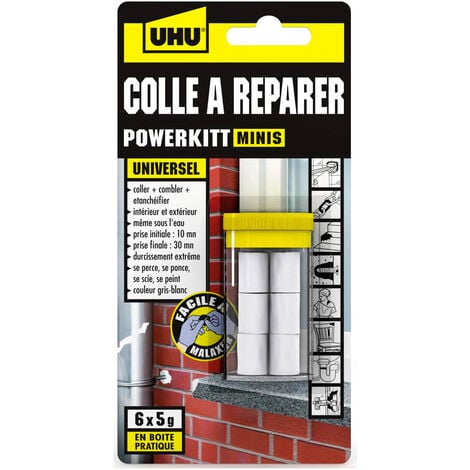 UHU Colle à réparer Powerkitt mini - Pâte époxy 2 composants pour coller, combler, étanchéifier, réparer, intérieur et extérieur, Gris, 6 x 5g