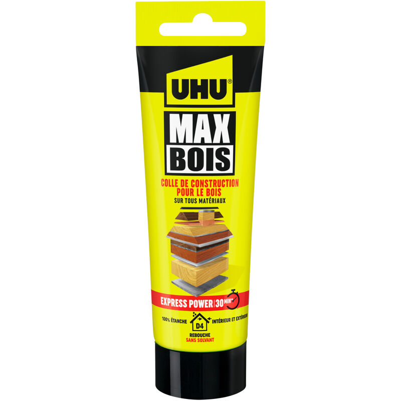 UHU - Max Bois express- Colle à bois smp, extrèmement forte et rapide, résistante à l'eau, D4, sans solvant, blanc, tube 100g