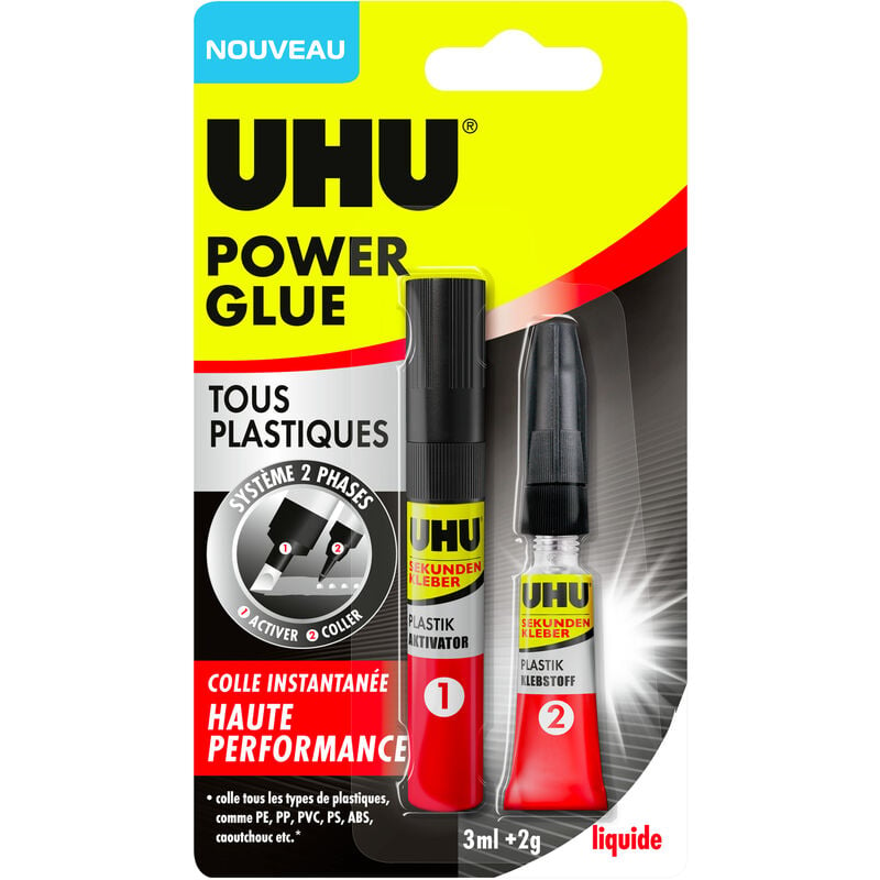 Power glue tous plastiques - colle instantanée, ultra rapide et forte, tous plastiques, transparente, tube activateur 3ml + tube colle 2g - UHU