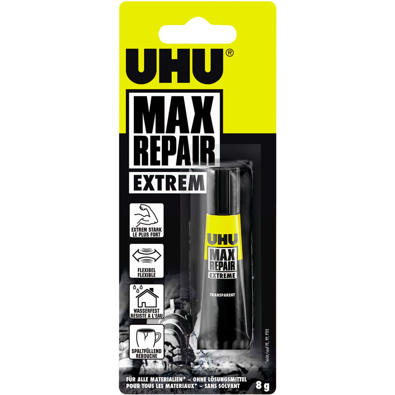 UHU - Max Repair power - Colle extra puissante et flexible, transparente, idéale pour les chaussures, le caoutchouc, le cuir, tube 8g