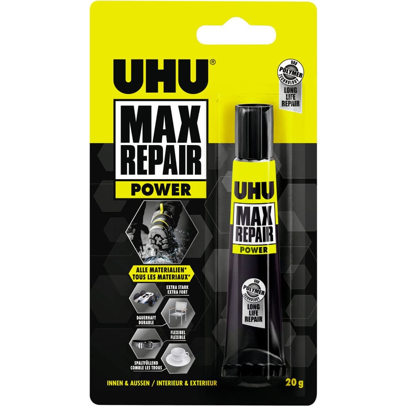 UHU - Max Repair power - Colle extra puissante et flexible, transparente, idéale pour les chaussures, le caoutchouc, le cuir, tube 20g