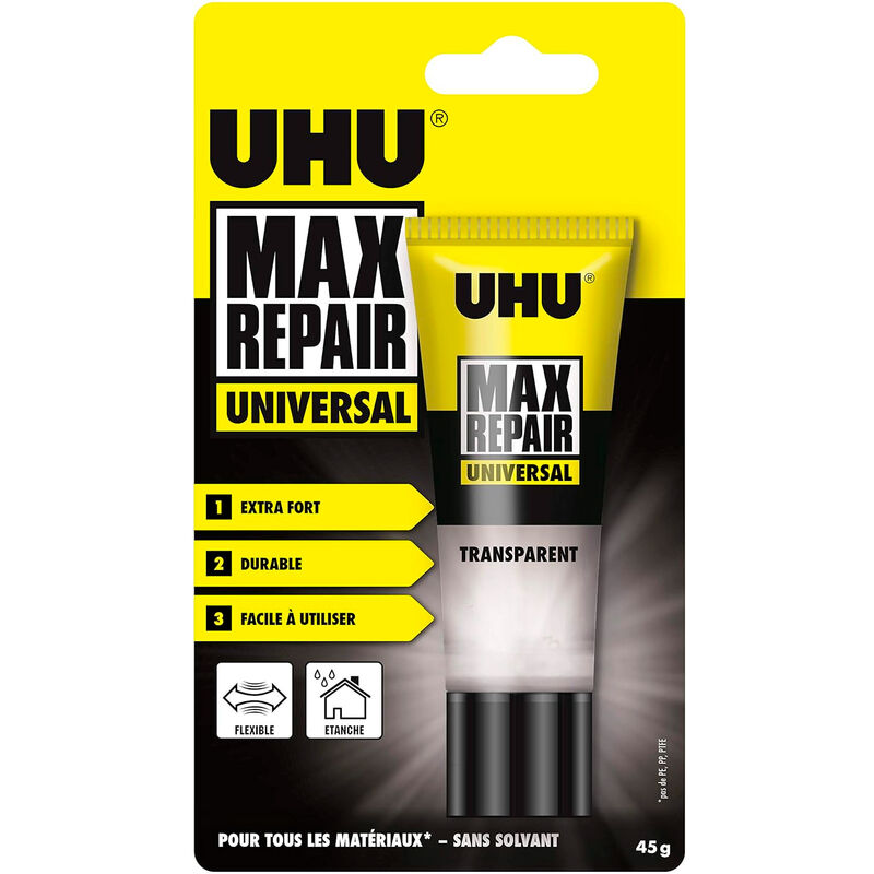 UHU - Max Repair universal - Colle puissante et flexible, transparente, idéale pour les chaussures, le caoutchouc, le cuir, tube 45g