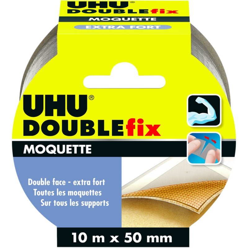 UHU Doublefix - Doppelseitiges Klebeband extra stark für Teppiche und Teppichböden, 10 m x 50 mm