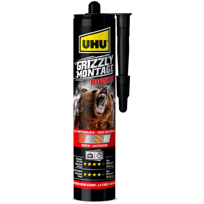 UHU - Grizzly Power - Colle de fixation et montage rapide, ultra forte, prise initiale très élevée, sans solvants, blanche, cartouche 370g