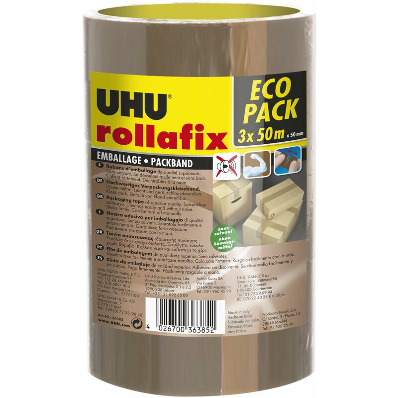 Image of UHU - Nastro adesivo da imballaggio Rollafix Classic, 50 mm x 50 m, confezione da 3 pezzi, silenzioso
