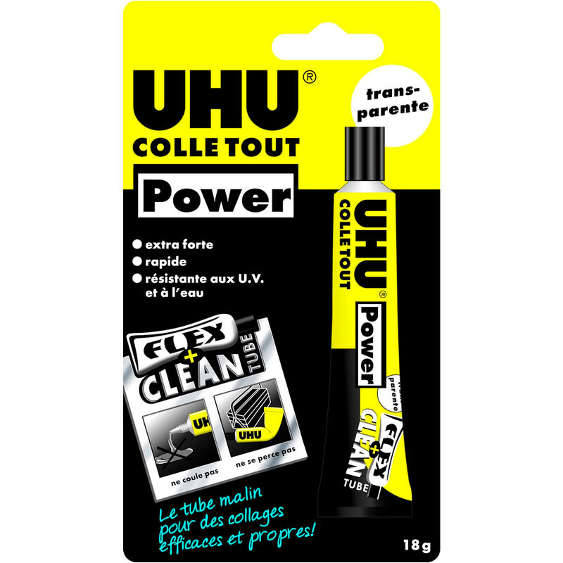 UHU - Colle tout Power Flex + Clean - Colle liquide extra forte et rapide, universelle, transparente, tube 18 g