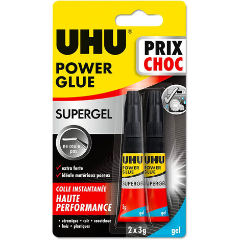 UHU Power glue gel - Colle instantanée ultra rapide et forte, ne coule pas, sans solvants, transparente, tubes 2x3g