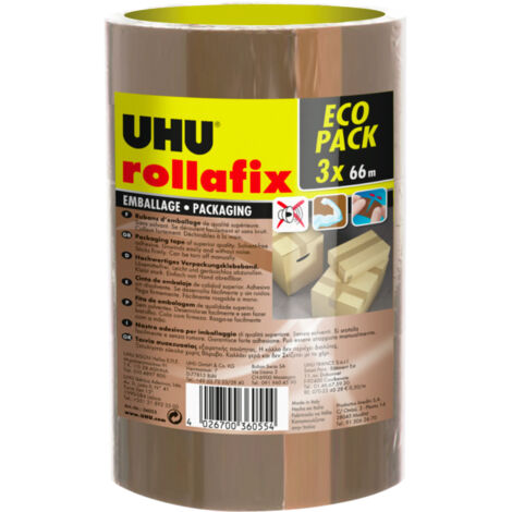 UHU Rollafix - Nastro adesivo marrone per imballaggi, confezione da 3 nastri da 66 m x 50 mm