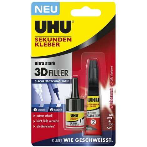 UHU Sekundenkleber 3D Filler, 3g + 9g Füllgranulat