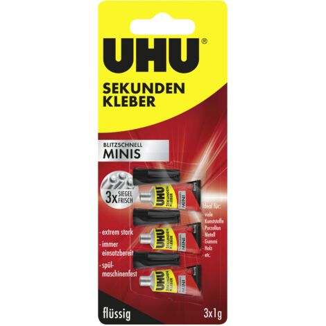 UHU Sekundenkleber blitzschnell Minis 3 g (3 x 1 g), flüssig Sekundenkleber
