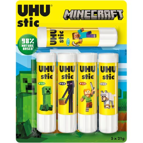 UHU Stic Minecraft Limited Edition Collezionabili, Colla Stick per la Scuola Adatta ai Bambini, Senza Solventi, Colla Sicura per i Lavoretti, Box Composta da 5 Stick da 21g
