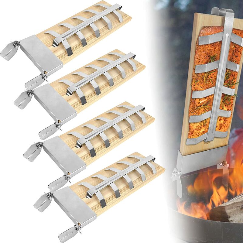 4 x Planche à saumon à flamber - Planches à saumon à flamber avec support en acier inoxydable Planches à saumon à griller, système d'angle réglable à