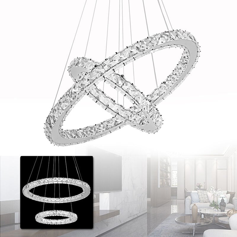 48W led Plafonnier Dimmable Design cristal Moderne Créatif Lustre Réglable en Hauteur Pendentif lampe Trois Anneaux Salle à Manger Chambre Salon,