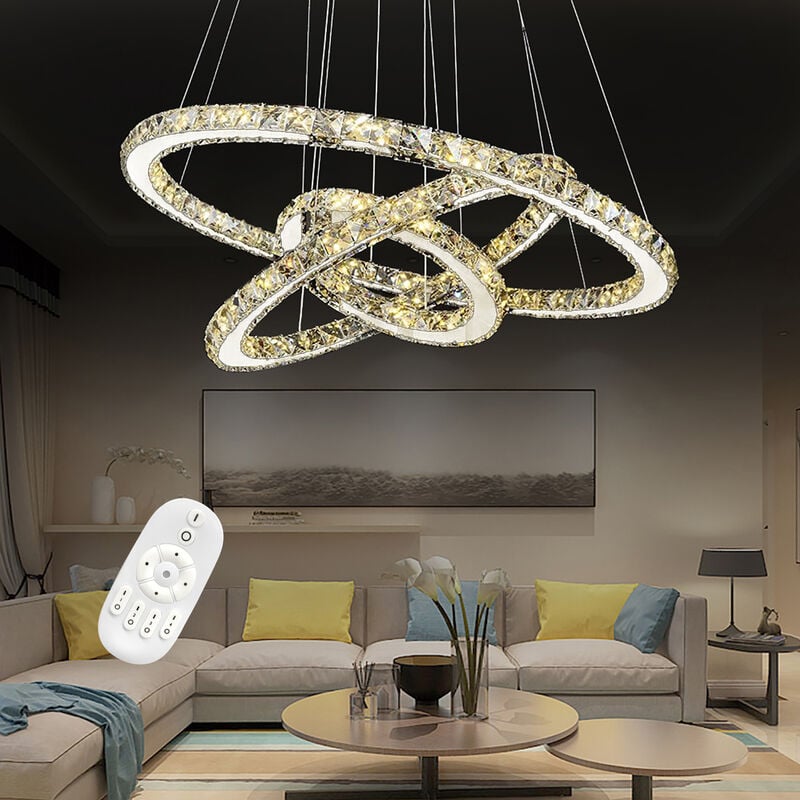 72W led Plafonnier Dimmable Design cristal Moderne Créatif Lustre Réglable en Hauteur Pendentif lampe Trois Anneaux Salle à Manger Chambre Salon,