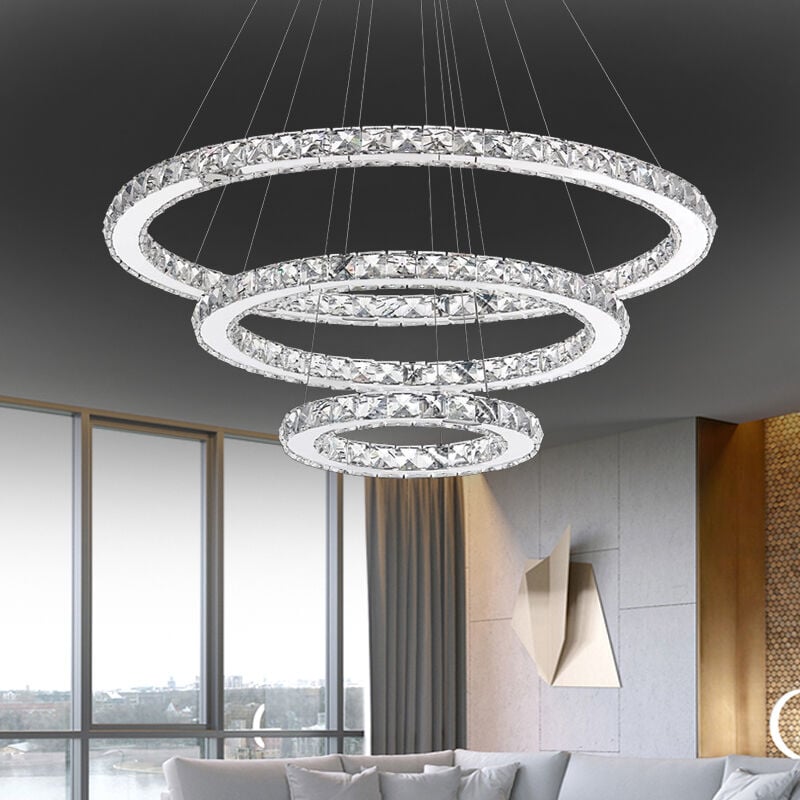 72W led Plafonnier Dimmable Design cristal Moderne Créatif Lustre Réglable en Hauteur Pendentif lampe Trois Anneaux Salle à Manger Chambre Salon,