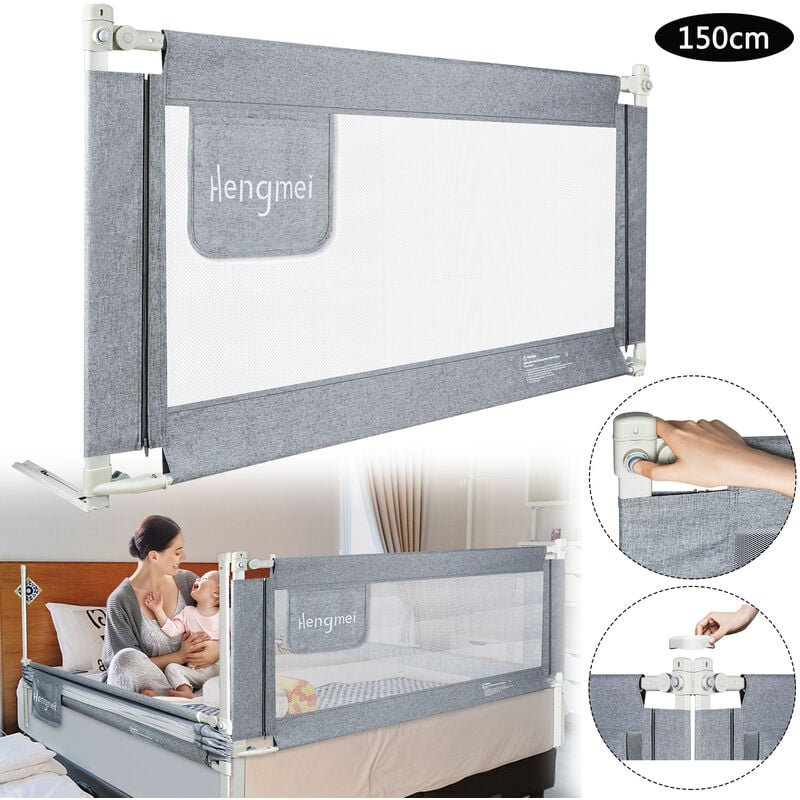 Uisebrt - Barrière de lit enfant 150cm - Barrière de lit réglable en hauteur pour lit familial et lit bébé, Protection antichute pour lit, Gris