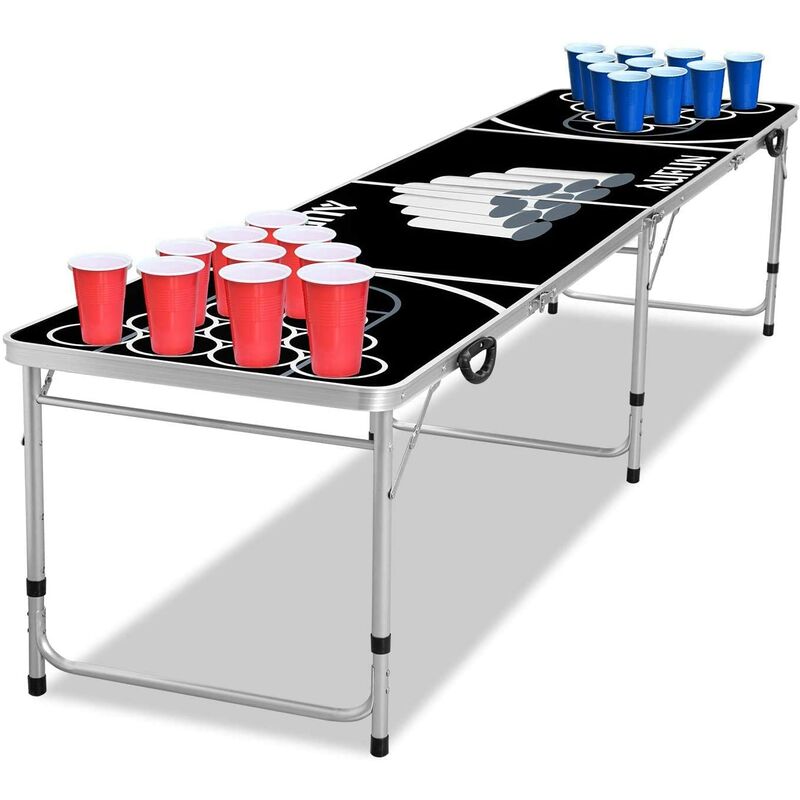 Uisebrt - Beer Pong Tisch Set - inkl. 5 Baelle und 100 Becher (50 Rot & 50 Blau),Klappbare, aus Aluminium, Hoehenverstellbar, Fuer Partys und Spiele,